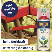 Belton Free Aqua Colours Lackspraydose neben einem rot lackierten Vogelhaus