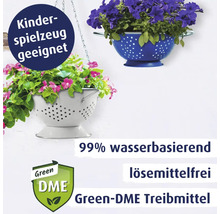Blumenampeln in Siebform mit den Aufschriften Kinderspielzeug geeignet, 99 Prozent wasserbasierend, lösemittelfrei und Green-DME Treibmittel