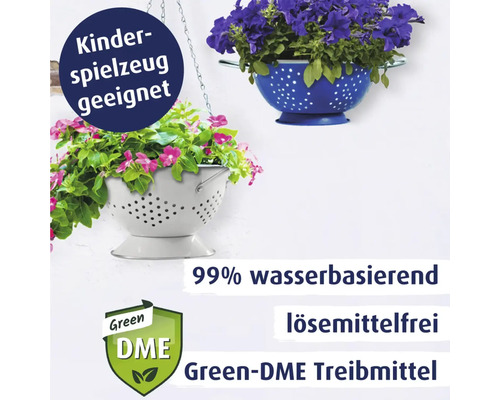 Blumenampeln in Siebform mit den Aufschriften Kinderspielzeug geeignet, 99 Prozent wasserbasierend, lösemittelfrei und Green-DME Treibmittel