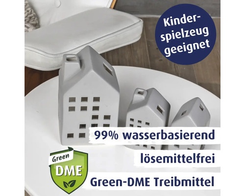 Dekorative Häuser aus Keramik, geeignet für Kinderspielzeug, 99 Prozent wasserbasiert, lösemittelfrei, Green-DME Treibmittel, Green DME Logo