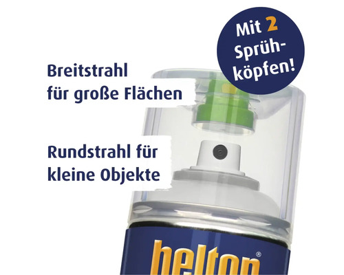 Helton Sprühdose mit zwei Sprühköpfen: Breitstrahl für große Flächen und Rundstrahl für kleine Objekte