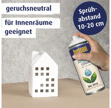 Helton Aqua Farbspraydose und ein kleines Haus zum Dekorieren mit den Hinweisen geruchsneutral, für Innenräume geeignet, Sprühabstand 10 bis 20 Zentimeter
