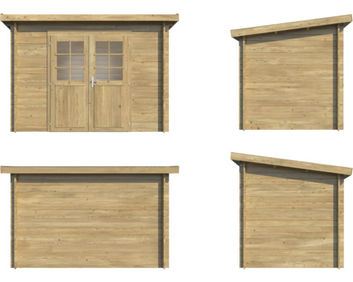 Gartenhaus aus Holz mit Doppeltür und Pultdach in verschiedenen Ansichten