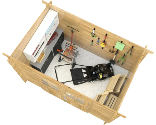 Innenansicht eines Gartenhauses mit Rasenmäher, Gartengeräten und Werkbank