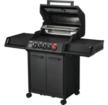 Barbecue à gaz noir avec cinq brûleurs, étagères et armoire basse