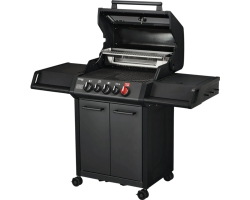 Barbecue à gaz noir avec cinq brûleurs, étagères et armoire basse