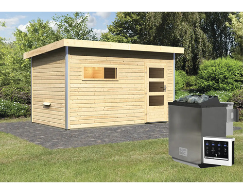 Außensauna mit Saunaofen im Garten