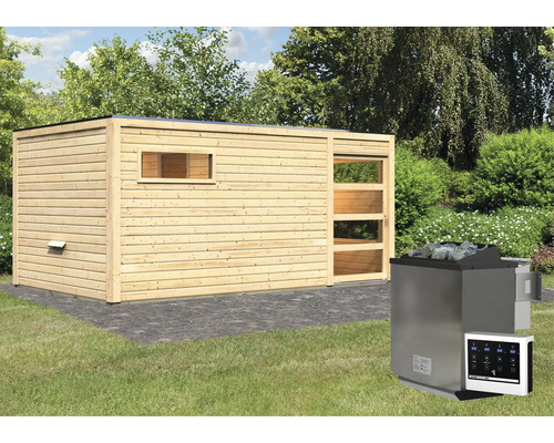 Sauna extérieure avec poêle et commande dans le jardin