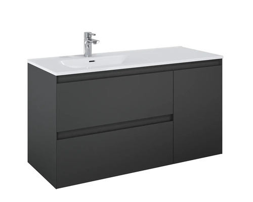 Waschtisch mit zwei Schubladen, einem Schrank und einem Waschbecken inklusive Armatur