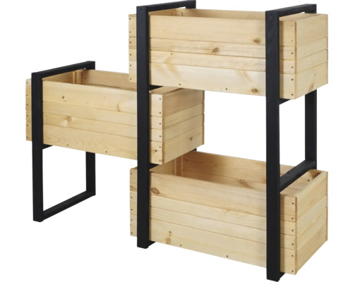 Jardinière surélevée en bois à trois niveaux avec cadre en métal noir.