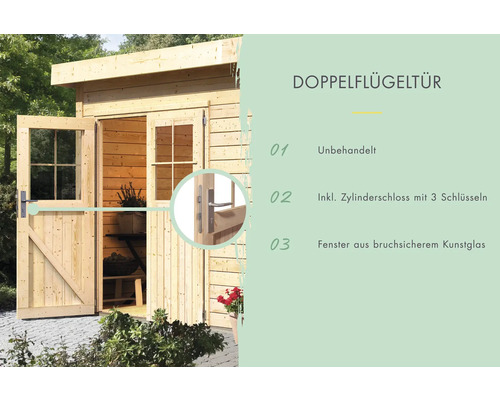 Doppelflügeltür für ein Gartenhaus, unbehandelt mit Zylinderschloss und Fenstern aus bruchsicherem Kunstglas