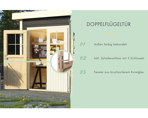 Doppeltür für Gartenhaus mit farbiger Außenbehandlung, Zylinderschloss und bruchsicherem Kunstglas