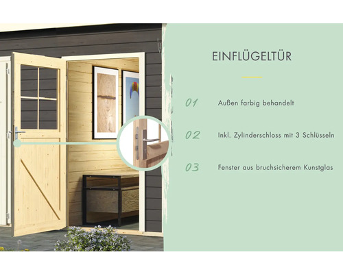 Illustration einer Holztür mit Informationen zu Eigenschaften wie Aussenbehandlung, Zylinderschloss und Kunstglasfenster
