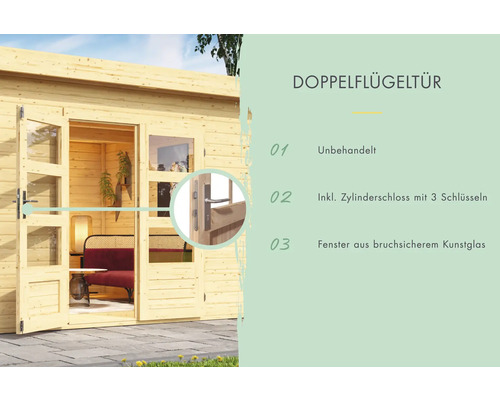 Doppelflügeltür aus Holz mit Sicherheitsglasfenstern für ein Gartenhaus.