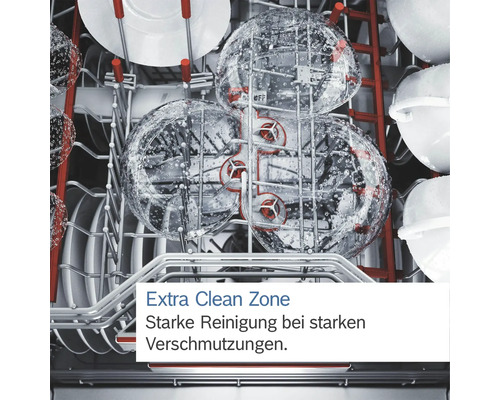 Innenraum eines Geschirrspülers mit Geschirr und starker Reinigungszone