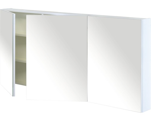 Armoire de toilette à trois portes, partiellement ouverte, pour la salle de bain