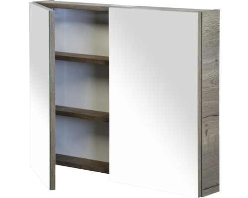 Spiegelschrank mit geöffneter Tür und mehreren Regalböden