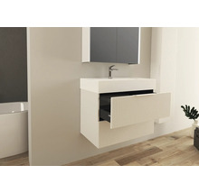 Modernes Badezimmer mit Waschtischunterschrank, Waschbecken und Spiegelschrank für ein stilvolles Ambiente