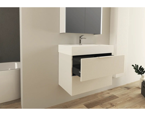 Modernes Badezimmer mit Waschtischunterschrank, Waschbecken und Spiegelschrank für ein stilvolles Ambiente