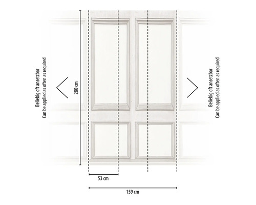 Abmessungen einer Holzvertäfelung mit einer Höhe von 280 cm und einer Breite von 159 cm.