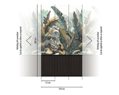 Papier peint photo avec motif de feuilles tropicales et indications de dimensions