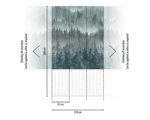 Dimensions du papier peint forêt : 280 cm de haut et 159 cm de large.