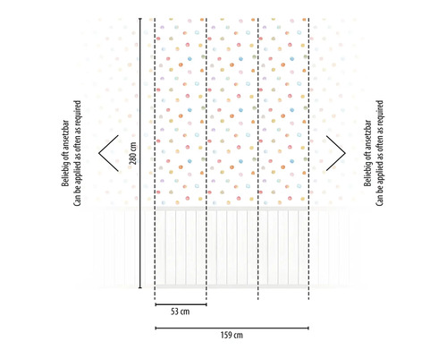 Diagramm einer Tapete mit Punktmuster und Größenangaben