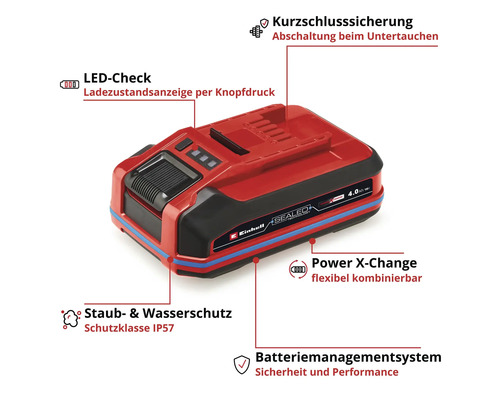 Batterie Einhell Power X-Change avec affichage LED du niveau de charge, protection contre les courts-circuits, protection contre la poussière et l''eau IP57 et système de gestion de la batterie.