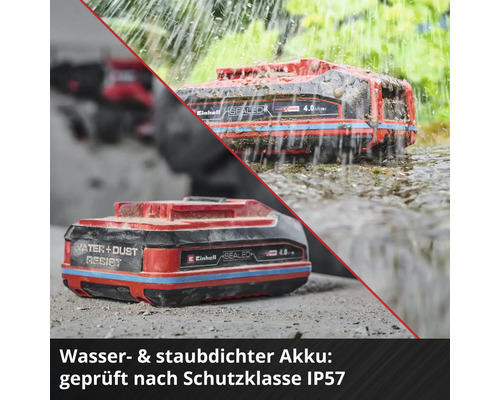 Batterie Einhell avec sceau résistant à l''eau et à la poussière dans un environnement d''eau et de poussière