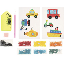 Diamond Painting Set mit verschiedenen Fahrzeugmotiven, Zubehör und farbigen Steinen