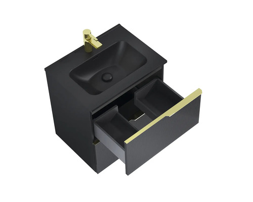 Waschtisch mit offenem Schubladenelement und goldfarbener Armatur