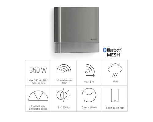Steinel Logo, Aussenleuchte mit Bluetooth Mesh und technischen Daten