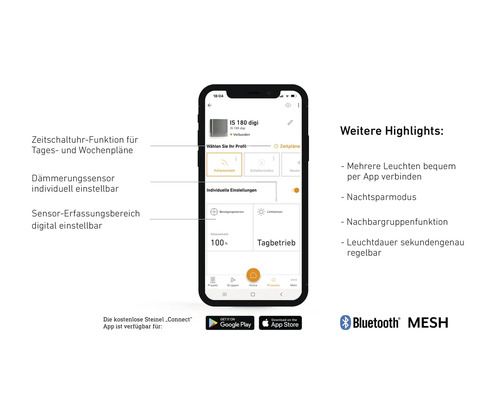 Steinel Connect App auf einem Smartphone zur Steuerung von Leuchten
