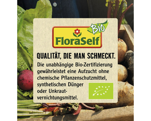 FloraSelf Logo: Qualität, die man schmeckt. Bio-Zertifizierung gewährleistet Aufzucht ohne chemische Pflanzenschutzmittel, synthetischen Dünger oder Unkrautvernichtungsmittel.