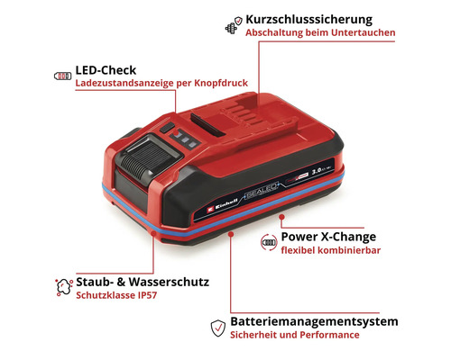 Einhell Power X-Change Akku mit LED-Ladezustandsanzeige, Kurzschlusssicherung, Staub- und Wasserschutz