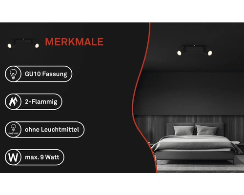 Caractéristiques d''un plafonnier: Douille GU10, 2 lampes, sans ampoules, maximum 9 watts