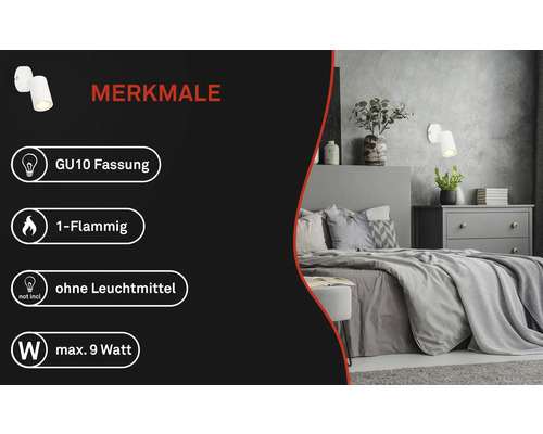 Caractéristiques de l''applique : douille GU10, 1 lampe, sans ampoule, 9 watts maximum