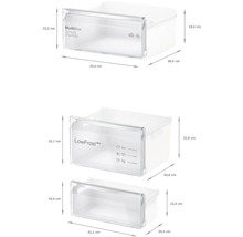 Abbildung von drei Kühlschrank Schubladen mit Größenangaben.