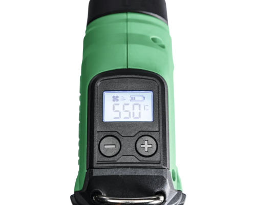 Detailansicht eines Heißluftgebläses mit digitaler Temperaturanzeige