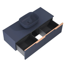 Meuble-lavabo avec vasque à poser et tiroirs ouverts