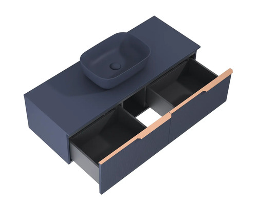 Meuble-lavabo avec vasque à poser et tiroirs ouverts