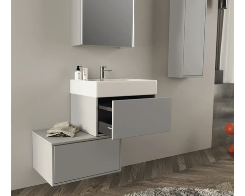 Salle de bains moderne avec meuble sous-lavabo, armoire de toilette et armoire haute