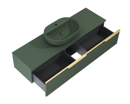 Meuble-lavabo avec lavabo à poser et tiroirs ouverts