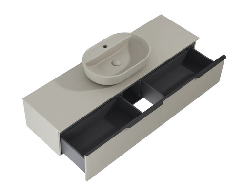 Meuble-lavabo avec tiroirs et lavabo à poser dans la salle de bains