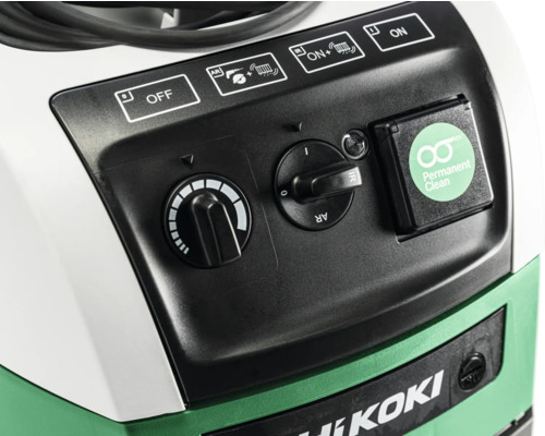 Bedienelemente eines HiKoki Staubsaugers mit Schaltern für An/Aus, Saugkraftregulierung und Permanent Clean Funktion.