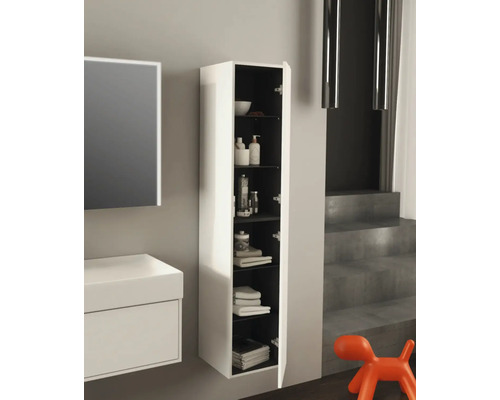 Scène de salle de bains avec meuble sous-lavabo et armoire suspendue ouverte pour ranger les accessoires de salle de bains.