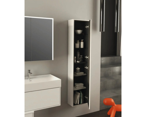 Scène de salle de bains avec lavabo et armoire haute ouverte pour le rangement
