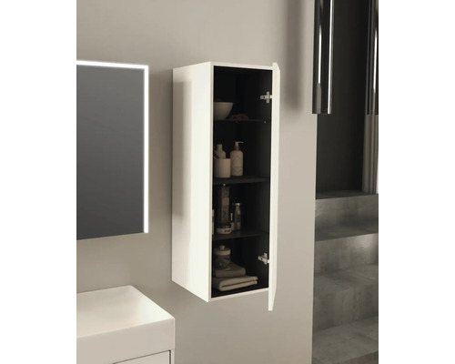 Salle de bains avec armoire de toilette suspendue avec porte ouverte et plusieurs étagères de rangement