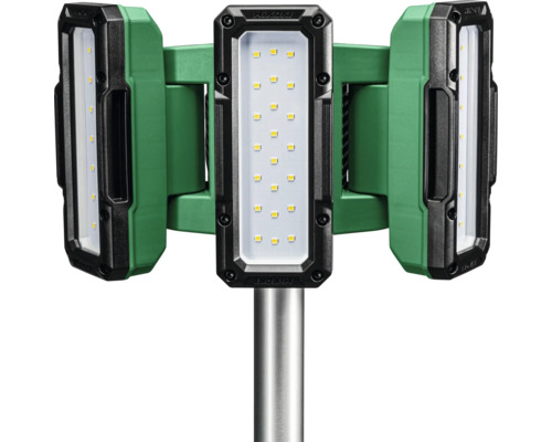 HiKOKI Logo. Dreibein-LED-Arbeitsleuchte mit drei Leuchtenköpfen.