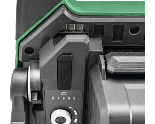 Detailansicht einer Arbeitsleuchte mit USB Anschluss und Akkuanzeige